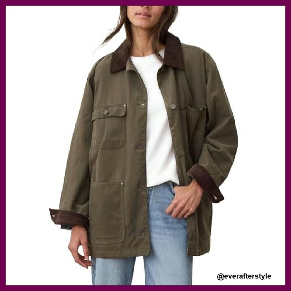 Oversized Utility Barn Jacket Vintage Workwear Corduroy Collar Casual Coat - Picture 2 of 8